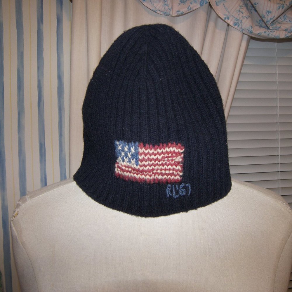 Ralph Lauren Polo Flag Navy Ribbed Beanie/Skull Cap O/S $59.50